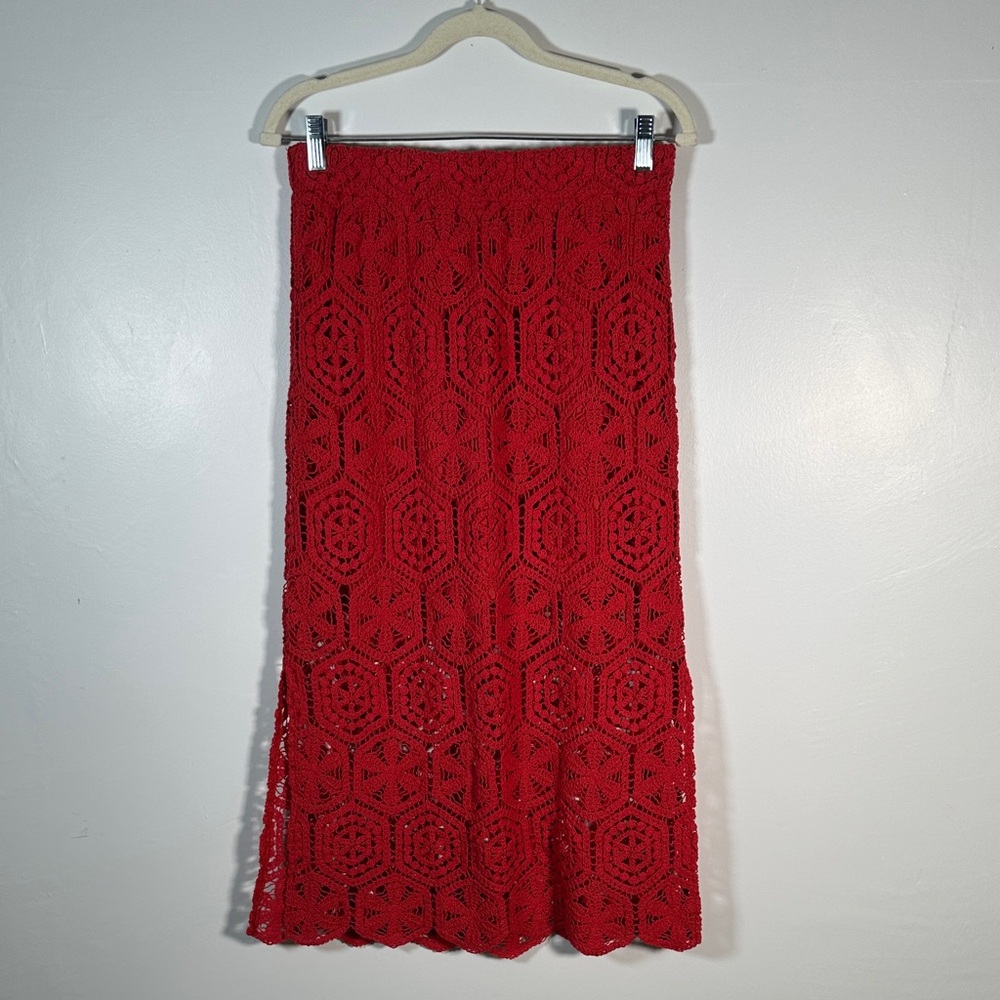 Red Crochet Lace Midi Skirt SizeM Boho Chic Lined Spring Summer Ultra Pink Brand